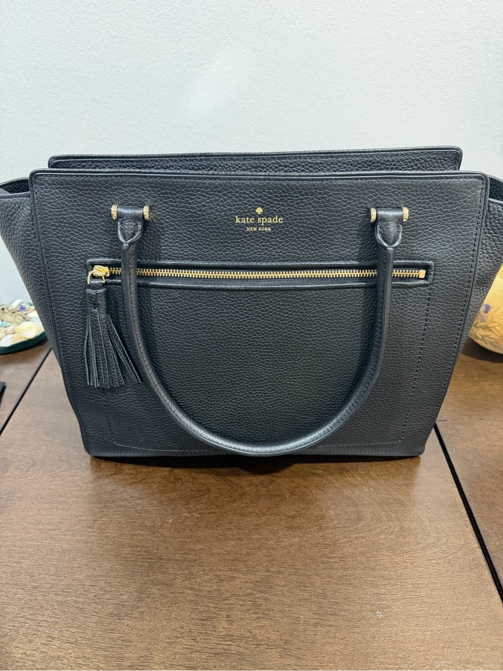 NWOT Kate Spade New York Black Leather Tote Bag with Tassel